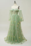Green Off The Shoulder Mangas largas A-Line Prom Dress