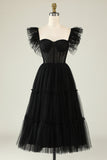 A-Line Tulle Sweetheart Vestido de cóctel negro