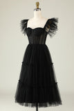 A-Line Tulle Sweetheart Vestido de cóctel negro