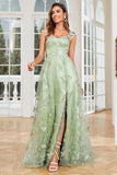 Corsé verde Vestido de graduación de tul largo con mariposas 3D