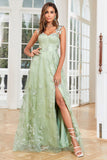 Corsé verde Vestido de graduación de tul largo con mariposas 3D