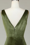 V-Cuello sin mangas Olive Velvet Vestido de dama de honor
