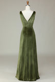 V-Cuello sin mangas Olive Velvet Vestido de dama de honor