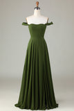 Off The Shoulder A Line Vestido de dama de honor oliva con hendidura