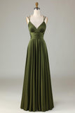 Grand Beauty A Line Spaghetti Straps Olive Long Bridesmaid Dress con volantes