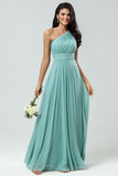 Impresionante vestido de dama de honor largo de cristal de mar de una línea de hombro con Ruched