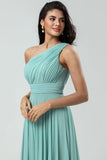 Impresionante vestido de dama de honor largo de cristal de mar de una línea de hombro con Ruched