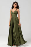 Grand Beauty A Line Spaghetti Straps Olive Long Bridesmaid Dress con volantes