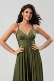 Grand Beauty A Line Spaghetti Straps Olive Long Bridesmaid Dress con volantes