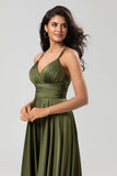 Grand Beauty A Line Spaghetti Straps Olive Long Bridesmaid Dress con volantes