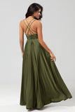 Grand Beauty A Line Spaghetti Straps Olive Long Bridesmaid Dress con volantes