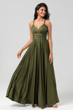 Grand Beauty A Line Spaghetti Straps Olive Long Bridesmaid Dress con volantes