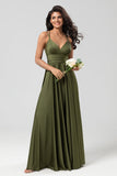 Grand Beauty A Line Spaghetti Straps Olive Long Bridesmaid Dress con volantes