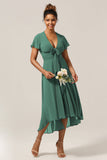 Chraming A Line V-Neck Short Sleeves Eucalyptus Bridesmaid Dress con lazo