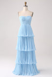Vestido de dama de honor largo azul cielo sin tirantes con plisado