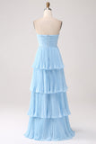 Vestido de dama de honor largo azul cielo sin tirantes con plisado