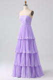 Vestido largo de dama de honor de gasa con niveles lila de novia de una línea con pliegues