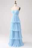 Vestido de dama de honor largo azul cielo sin tirantes con plisado