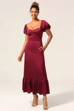 Vestido de dama de honor Sweetheart Burgundy con mangas abullonadas