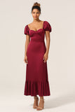 Vestido de dama de honor Sweetheart Burgundy con mangas abullonadas