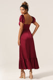 Vestido de dama de honor Sweetheart Burgundy con mangas abullonadas