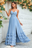 Encantador A Line Spaghetti Straps Dusty Blue Long Bridesmaid Dress con Criss Cross Back