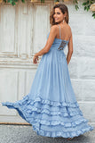 Encantador A Line Spaghetti Straps Dusty Blue Long Bridesmaid Dress con Criss Cross Back