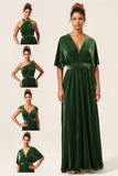 Elegante A Line V Cuello Verde oscuro Covertible Desgaste Terciopelo Vestido de dama de honor largo