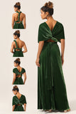 Elegante A Line V Cuello Verde oscuro Covertible Desgaste Terciopelo Vestido de dama de honor largo