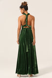 Elegante A Line V Cuello Verde oscuro Covertible Desgaste Terciopelo Vestido de dama de honor largo