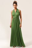 Encantador A Line Olive Green Spandex Convertible Wear Vestido de dama de honor largo