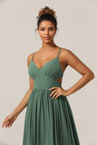 Eucalipto Spaghetti Straps A Line Bridesmaid Dress with Slit