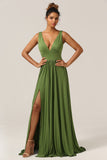 Elegante A Line Olive Deep V-neck Sleeveless Long Bridesmaid Dress