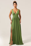 Elegante A Line Olive Deep V-neck Sleeveless Long Bridesmaid Dress