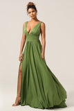 Elegante A Line Olive Deep V-neck Sleeveless Long Bridesmaid Dress