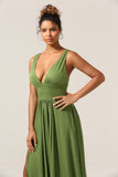 Elegante A Line Olive Deep V-neck Sleeveless Long Bridesmaid Dress