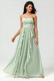 Strapless A Line Chiffon Green Bridesmaid Dress con plisado