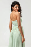 Strapless A Line Chiffon Green Bridesmaid Dress con plisado