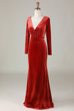 Velvet Mermaid Terracotta Vestido de dama de honor con mangas largas