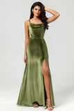 Velvet A Line Green Bridesmaid Dress con hendidura