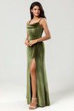 Velvet A Line Green Bridesmaid Dress con hendidura