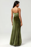 Velvet A Line Green Bridesmaid Dress con hendidura