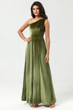 One Shoulder A Line Velvet Green Bridesmaid Dress with Slit