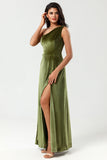 One Shoulder A Line Velvet Green Bridesmaid Dress with Slit