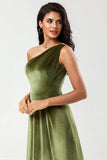 One Shoulder A Line Velvet Green Bridesmaid Dress with Slit