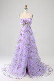 Vestido de fiesta largo lila con tirantes finos de una línea con flores en 3D