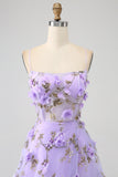 Vestido de fiesta largo lila con tirantes finos de una línea con flores en 3D