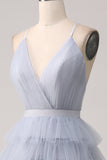 Gris Azul Una Línea De Tul Escalonado Vestido De Fiesta Largo Sin Espalda
