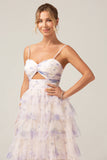 Vestido de fiesta escalonado de tirantes de princesa de flor de lavanda con pliegues