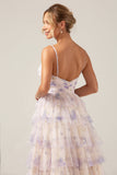 Vestido de fiesta escalonado de tirantes de princesa de flor de lavanda con pliegues